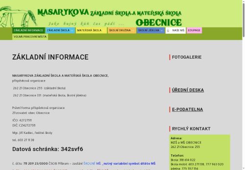 Webové stránky Masarykova základní škola a mateřská škola Obecnice, příspěvková organizace, Obecnice