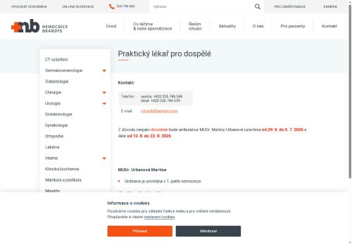 Zobrazit webové stránky Praktický lékař pro dospělé - Nemocnice Brandýs nad Labem - MUDr. Martina Urbanová