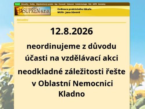 Praktický lékař pro dospělé a endokrinologie - JASUPREN - I. Všeobecná poliklinika Kladno - MUDr. Jana Sůvová