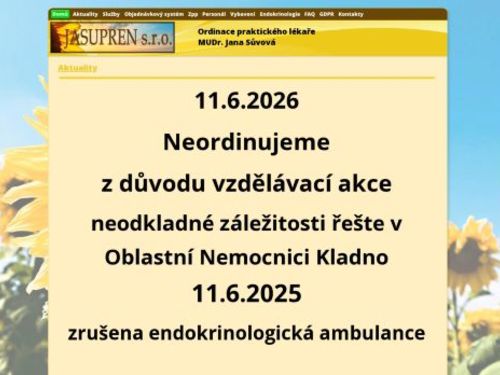 Praktický lékař pro dospělé a endokrinologie - JASUPREN - I. Všeobecná poliklinika Kladno - MUDr. Jana Sůvová