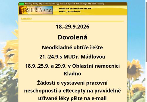 Zobrazit webové stránky Praktický lékař pro dospělé a endokrinologie - JASUPREN - I. Všeobecná poliklinika Kladno - MUDr. Jana Sůvová