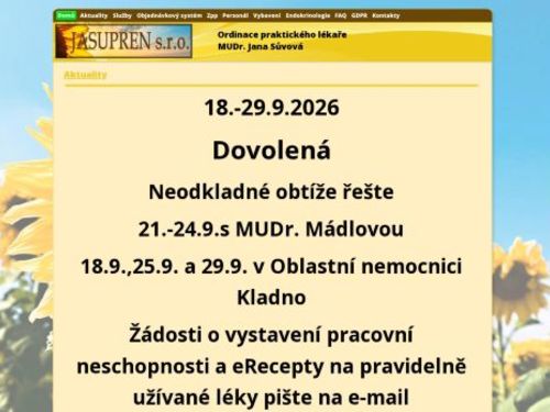 Praktický lékař pro dospělé a endokrinologie - JASUPREN - I. Všeobecná poliklinika Kladno - MUDr. Jana Sůvová