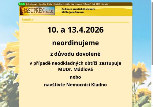 Zobrazit webové stránky Praktický lékař pro dospělé a endokrinologie - JASUPREN - I. Všeobecná poliklinika Kladno - MUDr. Jana Sůvová