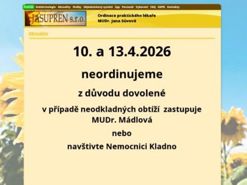 Praktický lékař pro dospělé a endokrinologie - JASUPREN - I. Všeobecná poliklinika Kladno - MUDr. Jana Sůvová