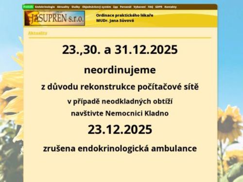Praktický lékař pro dospělé a endokrinologie - JASUPREN - I. Všeobecná poliklinika Kladno - MUDr. Jana Sůvová