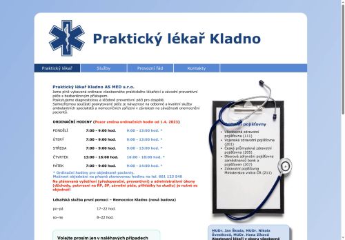 Zobrazit webové stránky Praktický lékař Kladno AS MED s.r.o. - I. Všeobecná poliklinika Kladno - MUDr. Jan Škoda, MUDr. Nikola Švestková