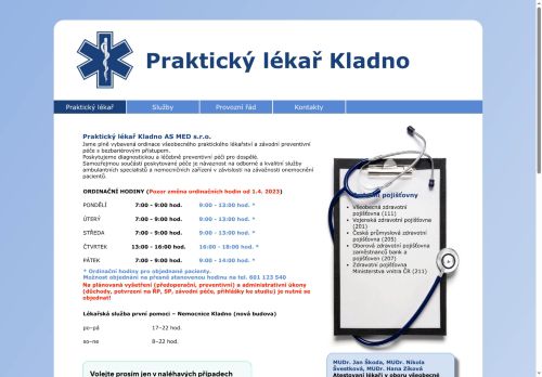 Zobrazit webové stránky Praktický lékař Kladno AS MED s.r.o. - I. Všeobecná poliklinika Kladno - MUDr. Jan Škoda, MUDr. Nikola Švestková