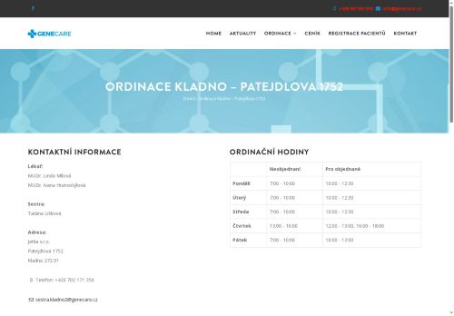 Zobrazit webové stránky Praktický lékař pro dospělé GENECARE- MUDr. MUDr. Linda Mílová, MUDr. Ivana Hranostýlová
