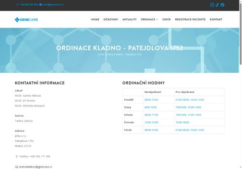 Zobrazit webové stránky Praktický lékař pro dospělé GENECARE- MUDr. MUDr. Linda Mílová, MUDr. Ivana Hranostýlová