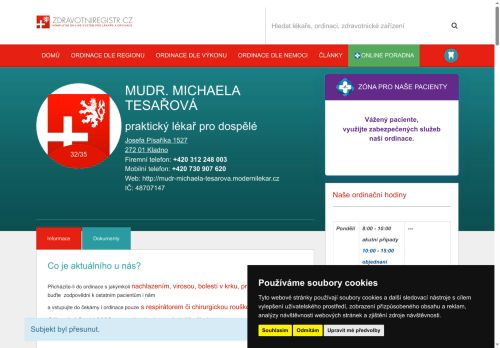 Zobrazit webové stránky Praktický lékař pro dospělé - MUDr. Michaela Tesařová