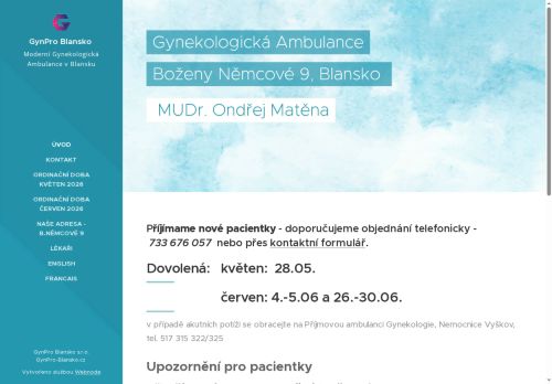 Zobrazit webové stránky Gynekologická ambulance GynPro Blansko - MUDr. Ondřej Matěna, MUDr. Ludmila Břoušková