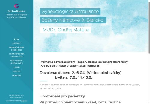 Zobrazit webové stránky Gynekologická ambulance GynPro Blansko - MUDr. Ondřej Matěna, MUDr. Ludmila Břoušková