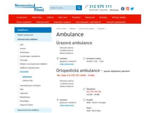Ortopedická ambulance a screening dětských kyčlí - Nemocnice Slaný