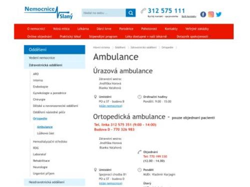 Ortopedická ambulance a screening dětských kyčlí - Nemocnice Slaný
