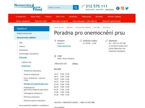 Poradna pro onemocnění prsu - Nemocnice Slaný