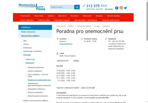 Zobrazit webové stránky Poradna pro onemocnění prsu - Nemocnice Slaný