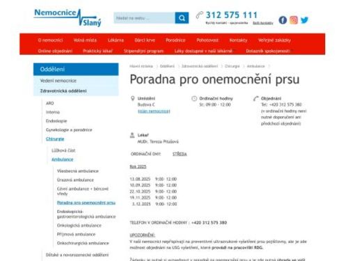 Poradna pro onemocnění prsu - Nemocnice Slaný