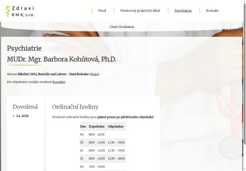 Zobrazit webové stránky Psychiatrie - Zdraví BMK s.r.o. - MUDr. Mgr. Barbora Kohútová, Ph.D.