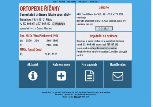 Zobrazit webové stránky Ortopedie Říčany - Doc. MUDr. Věra Pinskerová, Ph.D., MUDr. Tomáš Dupal