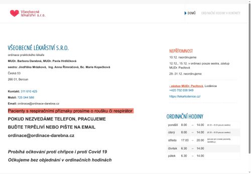 Zobrazit webové stránky Praktický lékař pro dospělé - MUDr. Barbora Darebná, MUDr. Pavla Hrdličková