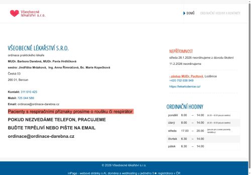 Zobrazit webové stránky Praktický lékař pro dospělé - MUDr. Barbora Darebná, MUDr. Pavla Hrdličková