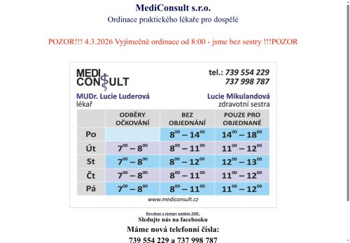 Zobrazit webové stránky Praktický lékař pro dospělé MediConsult - MUDr. Lucie Luderová