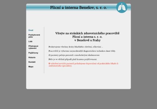 Zobrazit webové stránky Plicní a interna Benešov, s.r.o. - MUDr. Alena Havlíková, MUDr. Romana Stibůrková
