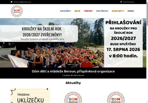 Dům dětí a mládeže Beroun, příspěvková organizace nabízí práci na pozici Uklízeči, recepčí v obci Beroun