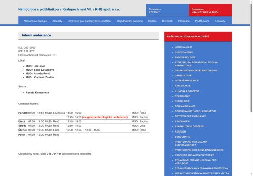 Zobrazit webové stránky Interní ambulance - MUDr. Jiří Líbal, MUDr. Soňa Lovíšková, MUDr. Kateřina Kvíčalová, MUDr. Arnošt Řenč