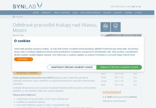 Zobrazit webové stránky SYNLAB - odběrové pracoviště Kralupy nad Vltavou (ul. Mostní)