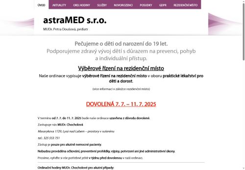 Zobrazit webové stránky Praktický lékař pro děti a dorost astraMED - MUDr. Petra Doušová, MUDr. Simona Timková