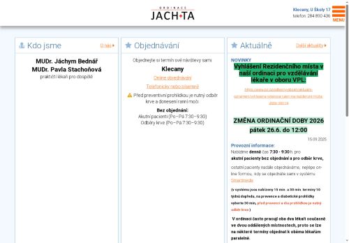 Zobrazit webové stránky Praktický lékař pro dospělé JACH+TA - MUDr. Jáchym Bednář, MUDr. Taťána Mahdíková, MUDr. Kristina Skulínková