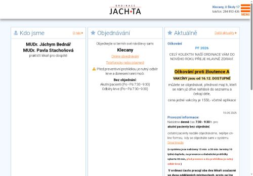 Zobrazit webové stránky Praktický lékař pro dospělé JACH+TA - MUDr. Jáchym Bednář, MUDr. Taťána Mahdíková