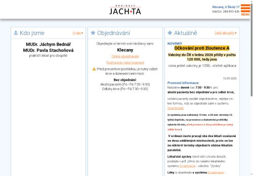 Zobrazit webové stránky Praktický lékař pro dospělé JACH+TA - MUDr. Jáchym Bednář, MUDr. Taťána Mahdíková, MUDr. Kristina Skulínková