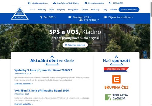 Webové stránky Střední průmyslová škola a Vyšší odborná škola, Kladno, Jana Palacha 1840, Kladno