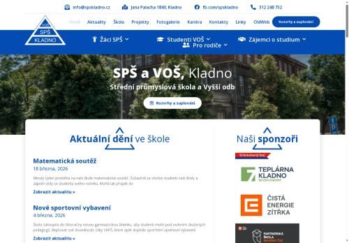 Webové stránky Střední průmyslová škola a Vyšší odborná škola, Kladno, Jana Palacha 1840, Kladno