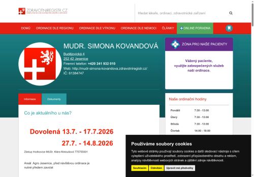 Zobrazit webové stránky Praktický lékař pro dospělé - MUDr. Simona Kovandová