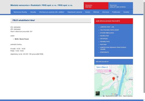 Zobrazit webové stránky Rehabilitační lékař Městská nemocnice Roztoky - MUDr. Marek Paneš