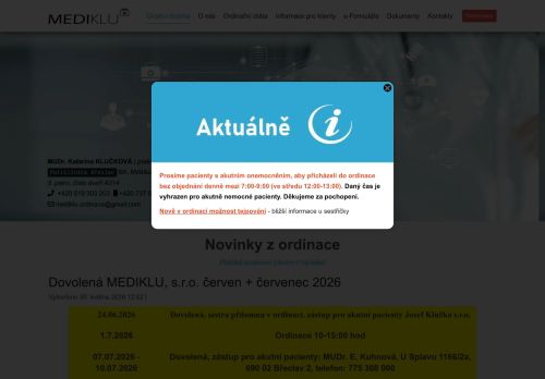 Zobrazit webové stránky Praktický lékař pro dospělé MEDIKLU - MUDr. Katarína Klučková