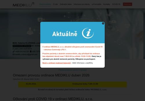Zobrazit webové stránky Praktický lékař pro dospělé MEDIKLU - MUDr. Katarína Klučková