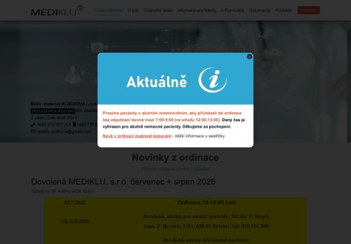 Zobrazit webové stránky Praktický lékař pro dospělé MEDIKLU - MUDr. Katarína Klučková