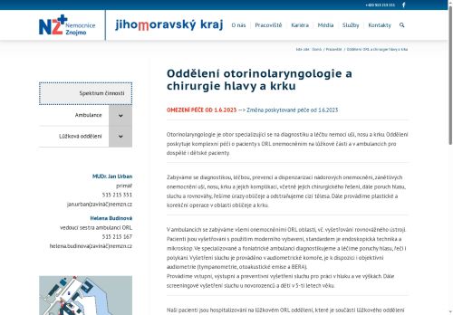 Zobrazit webové stránky ORL ambulance - Nemocnice Znojmo