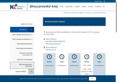 Zobrazit webové stránky Specializovaná kožní ambulance - Nemocnice Znojmo
