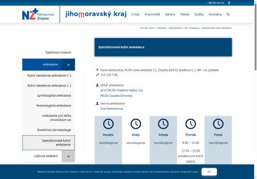 Zobrazit webové stránky Specializovaná kožní ambulance - Nemocnice Znojmo