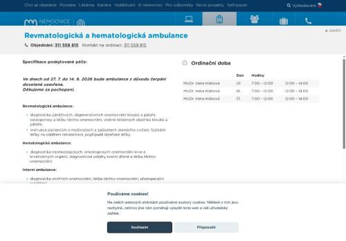 Zobrazit webové stránky Revmatologická a hematologická ambulance - MUDr. Irena Klánová