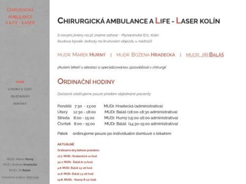 Chirurgická ambulance - A LIFE - LASER - MUDr. Marek Hurný, MUDr. Božena Hradecká, MUDr. Jiří Baláš