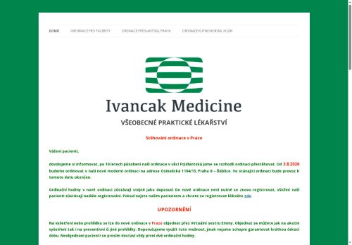 Zobrazit webové stránky Praktický lékař pro dospělé Ivancak Medicine - MUDr. Jana Bardová, MUDr. Peter Ivančák PhD.