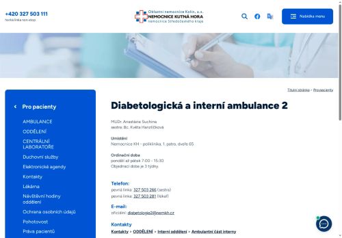 Zobrazit webové stránky Diabetologická a interní ambulance 2 - Nemocnice Kutná Hora