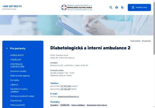 Zobrazit webové stránky Diabetologická a interní ambulance 2 - Nemocnice Kutná Hora