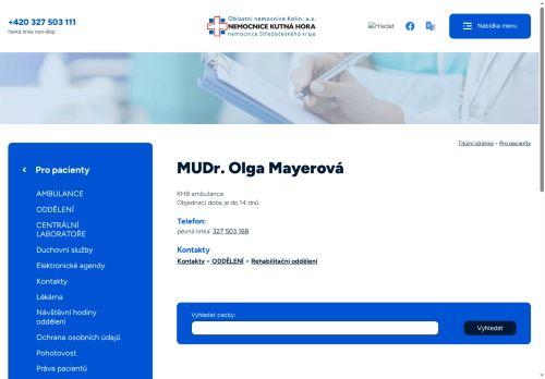 Zobrazit webové stránky Rehabilitační ambulance - Nemocnice Kutná Hora - MUDr. Olga Mayerová